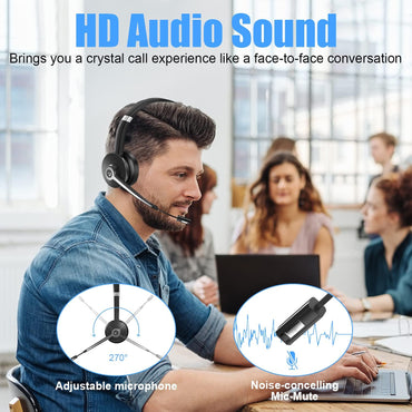 YUWAKAYI Bluetooth Headset V5.0 Noise Canceling Mic Mute 26H Battery Over-Ear Wireless Headphone for Laptop Cell Phone Tablet Call Center Office Black