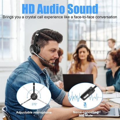YUWAKAYI Bluetooth Headset V5.0 Noise Canceling Mic Mute 26H Battery Over-Ear Wireless Headphone for Laptop Cell Phone Tablet Call Center Office Black