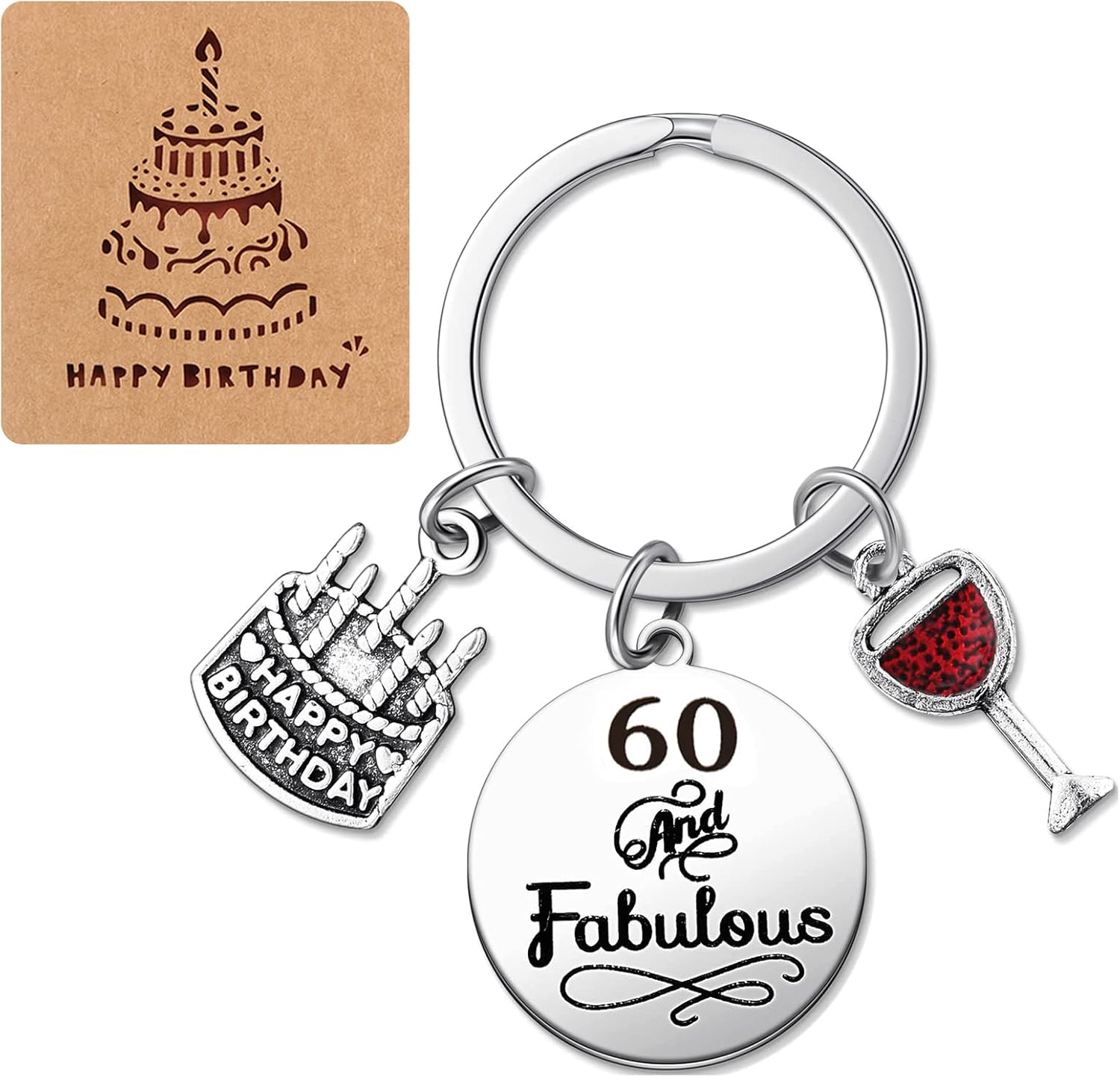 Elegant Silver 60th Birthday Keyring with Charms and Card