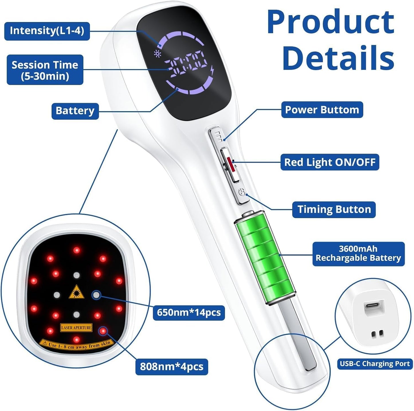 Zelvory Handheld Cold Laser Red Light Therapy Device 808nm 650nm for Humans Dogs Pain Relief