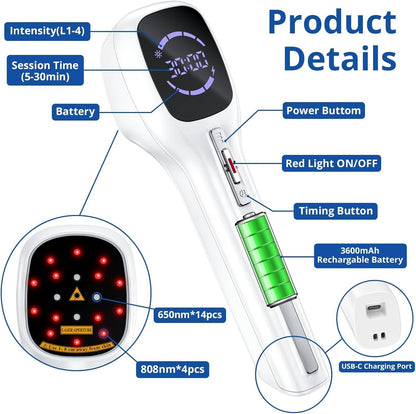 Zelvory Handheld Cold Laser Red Light Therapy Device 808nm 650nm for Humans Dogs Pain Relief
