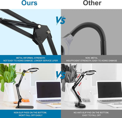 2-in-1 LED Magnifier Desk Lamp with Clamp, Adjustable Light, 2.25X Magnification