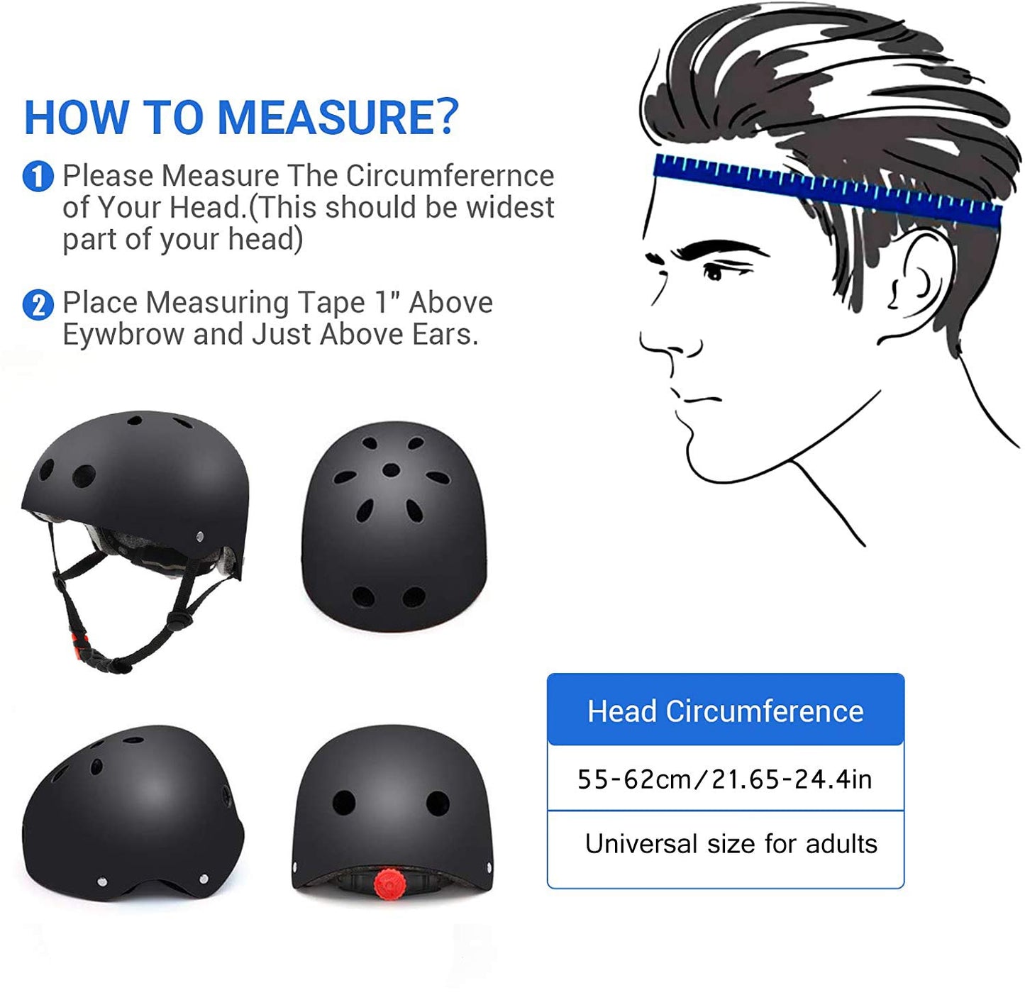 Cneng Adjustable Matte Black Skateboard Helmet for Adults
