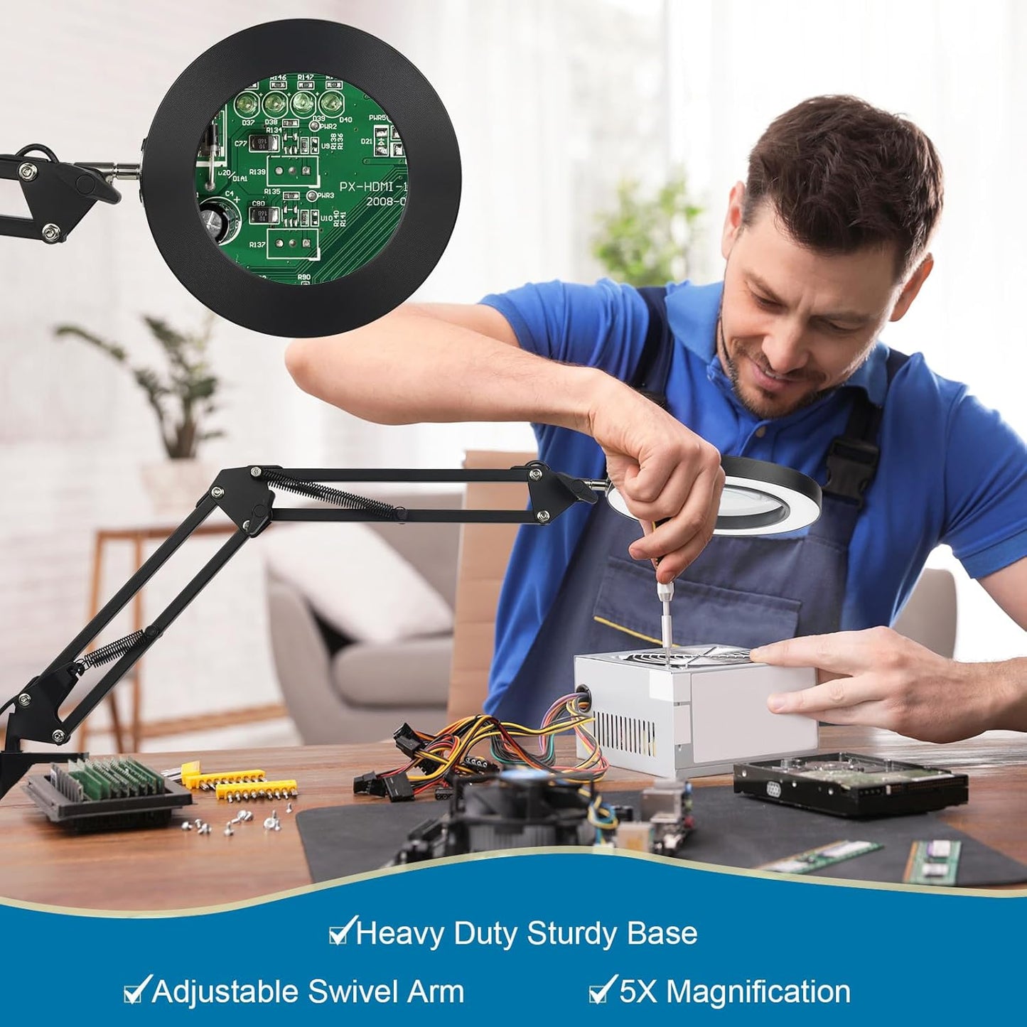 2-in-1 LED Magnifier Desk Lamp with Clamp, Adjustable Light, 2.25X Magnification