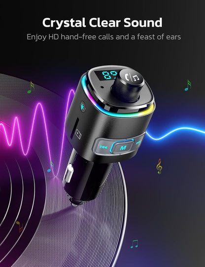 Nulaxy Bluetooth 5.0 FM Transmitter QC3.0 Car Charger Hands-Free Kit 7-Color LED Black