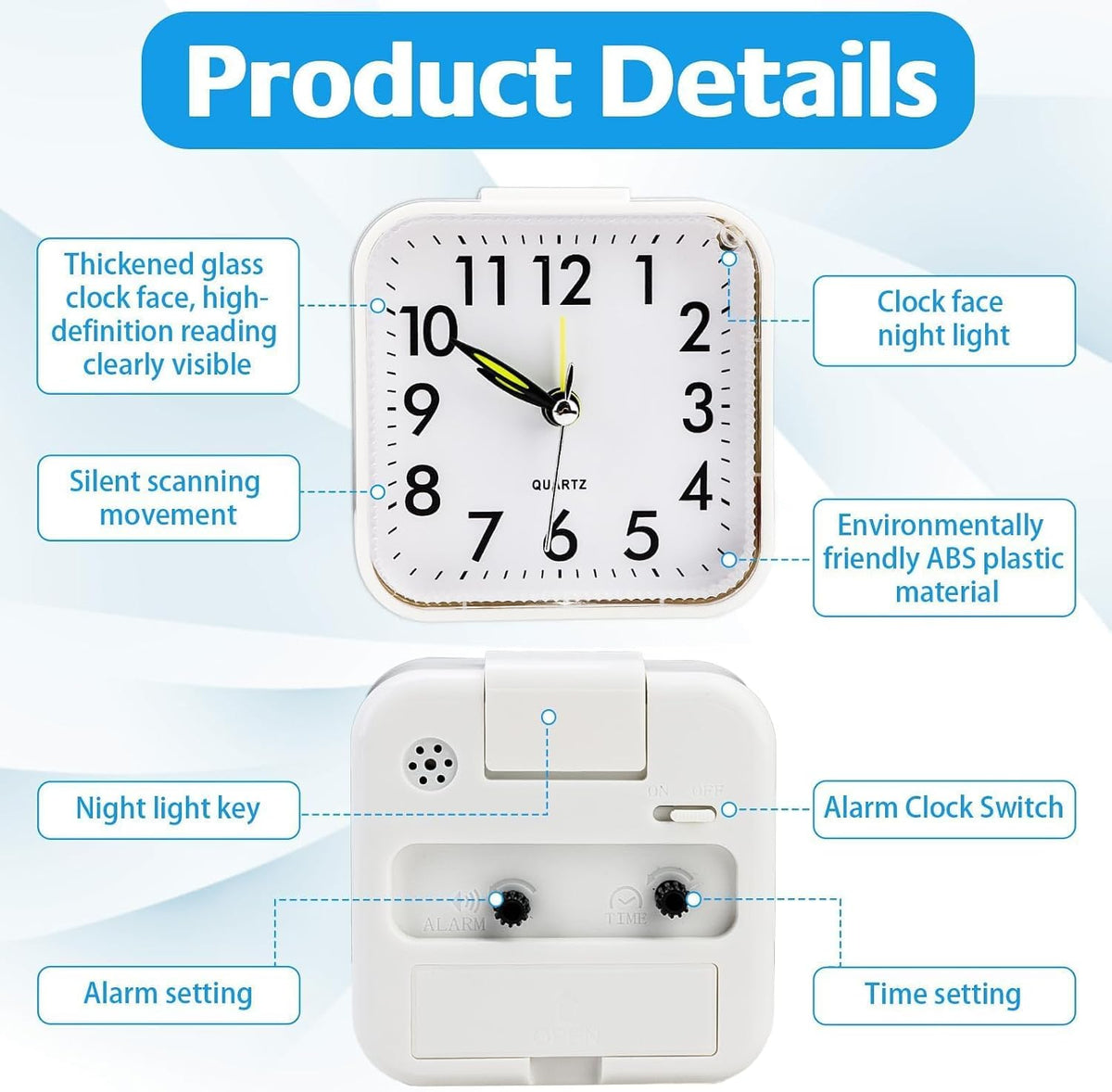 Fuitke 1 Silent Analogue Travel Alarm Clock White