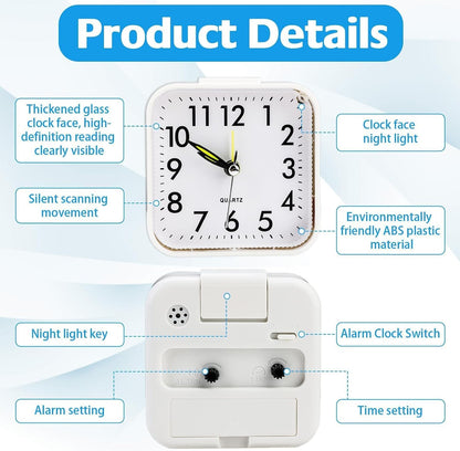 Fuitke 1 Silent Analogue Travel Alarm Clock White