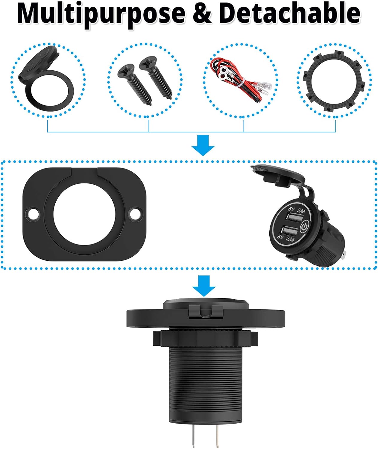 Qidoe Dual USB Socket 12V Marine Outlet with Switch Golf Cart USB Port 12 Volt DC Car Charger Mount Waterproof Cigarette Lighter Power Adapter DIY Kit Fast Charge with Blue LED for Boat Motorcycle ATV RV