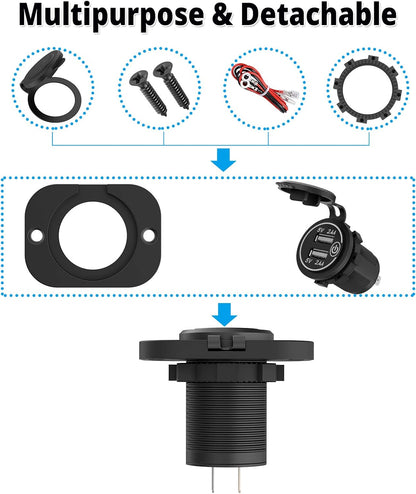 Qidoe Dual USB Socket 12V Marine Outlet with Switch Golf Cart USB Port 12 Volt DC Car Charger Mount Waterproof Cigarette Lighter Power Adapter DIY Kit Fast Charge with Blue LED for Boat Motorcycle ATV RV