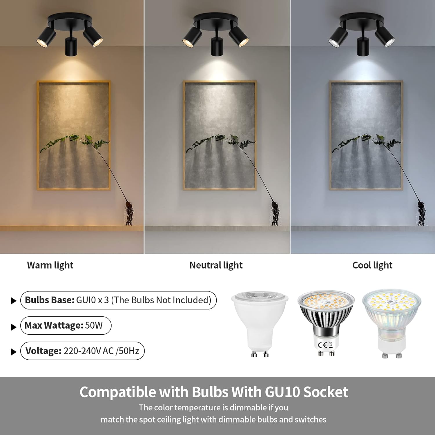 wowatt 3-Light Swivel GU10 Ceiling Spotlight Round Black Matt Metal Indoor Light Fixture