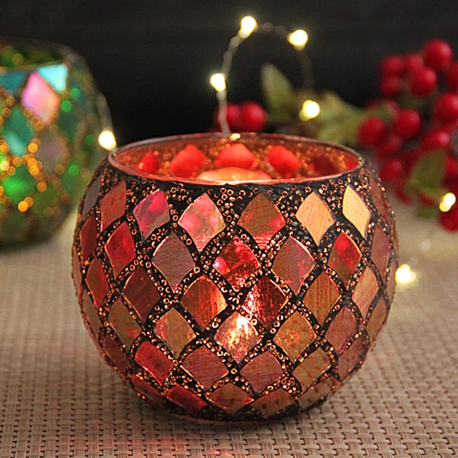 Red Mosaic Glass Tealight Holder – Decorative Vase & Desk Organizer