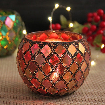 Red Mosaic Glass Tealight Holder – Decorative Vase & Desk Organizer