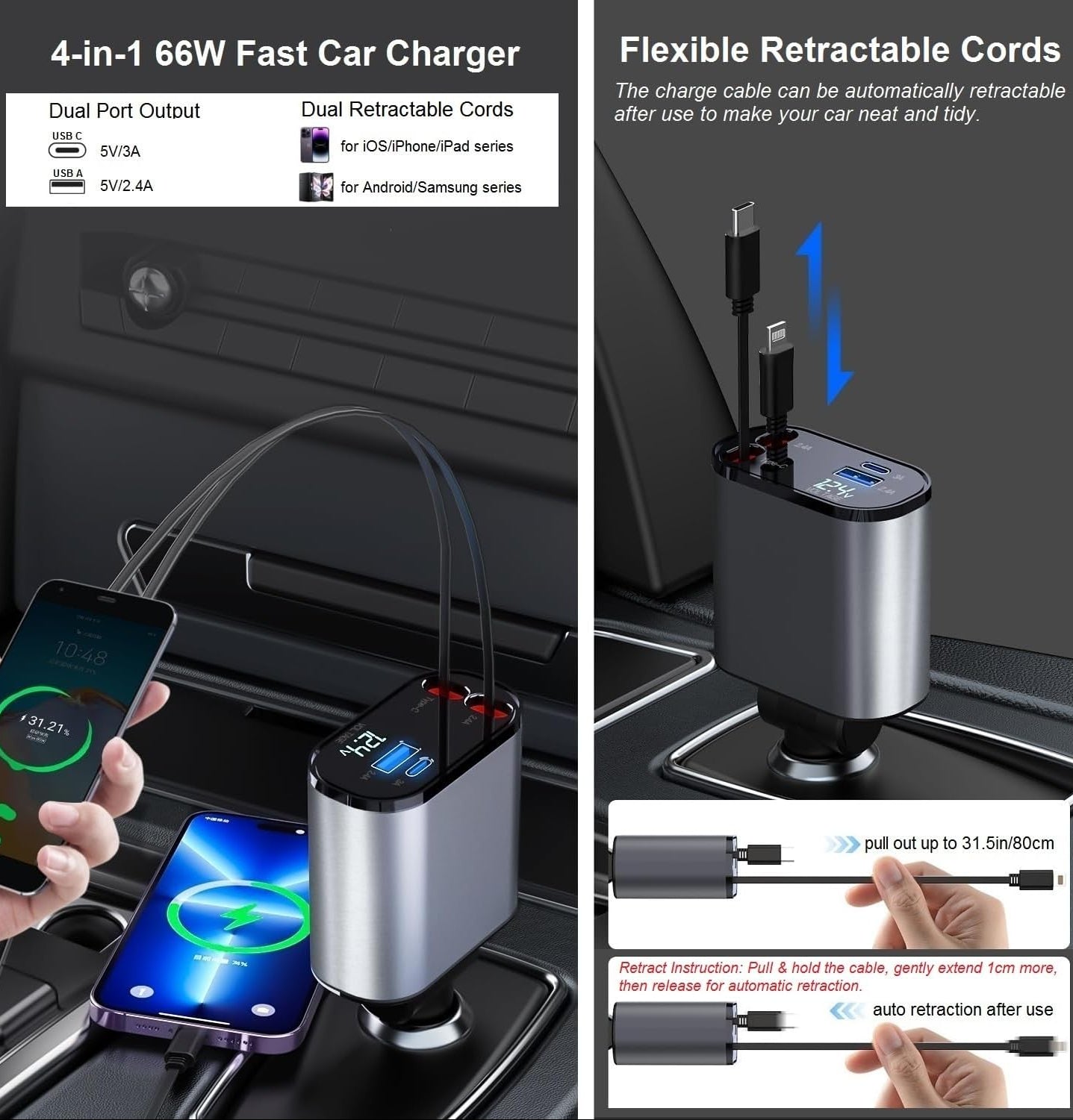 KAMISAFE PT-16 4-in-1 Retractable Car Charger 66W USB-C Lightning Cords Cigarette Lighter Adapter for iPhone 15 14 13 Samsung Galaxy S24 S23 Pixel Tablet