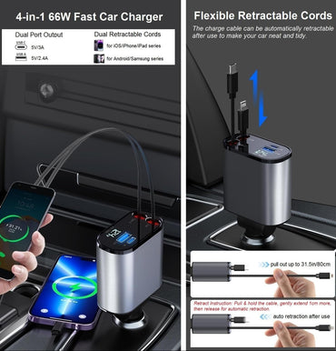 KAMISAFE PT-16 4-in-1 Retractable Car Charger 66W USB-C Lightning Cords Cigarette Lighter Adapter for iPhone 15 14 13 Samsung Galaxy S24 S23 Pixel Tablet