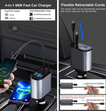 KAMISAFE PT-16 4-in-1 Retractable Car Charger 66W USB-C Lightning Cords Cigarette Lighter Adapter for iPhone 15 14 13 Samsung Galaxy S24 S23 Pixel Tablet