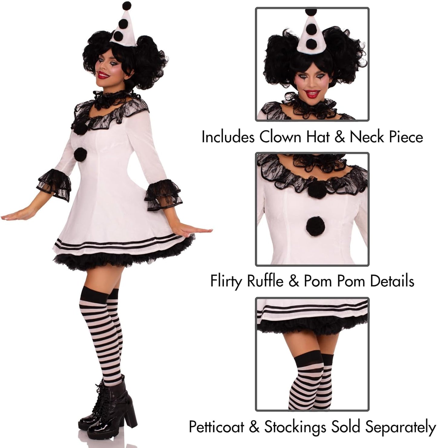 Leg Avenue Women's Pierrot Clown Costume – White & Black Elegance