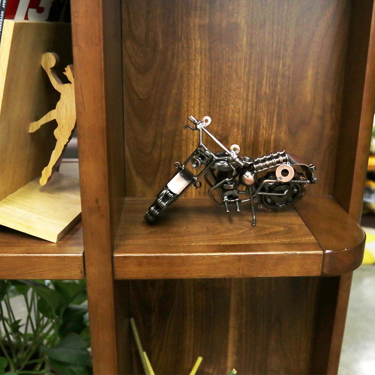 Retro Vintage Bronze Metal Motorcycle Sculpture with Rolling Wheels