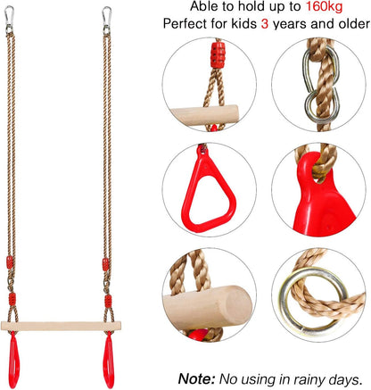 Durable Red Wooden Trapeze Swing with Adjustable Rope Rings