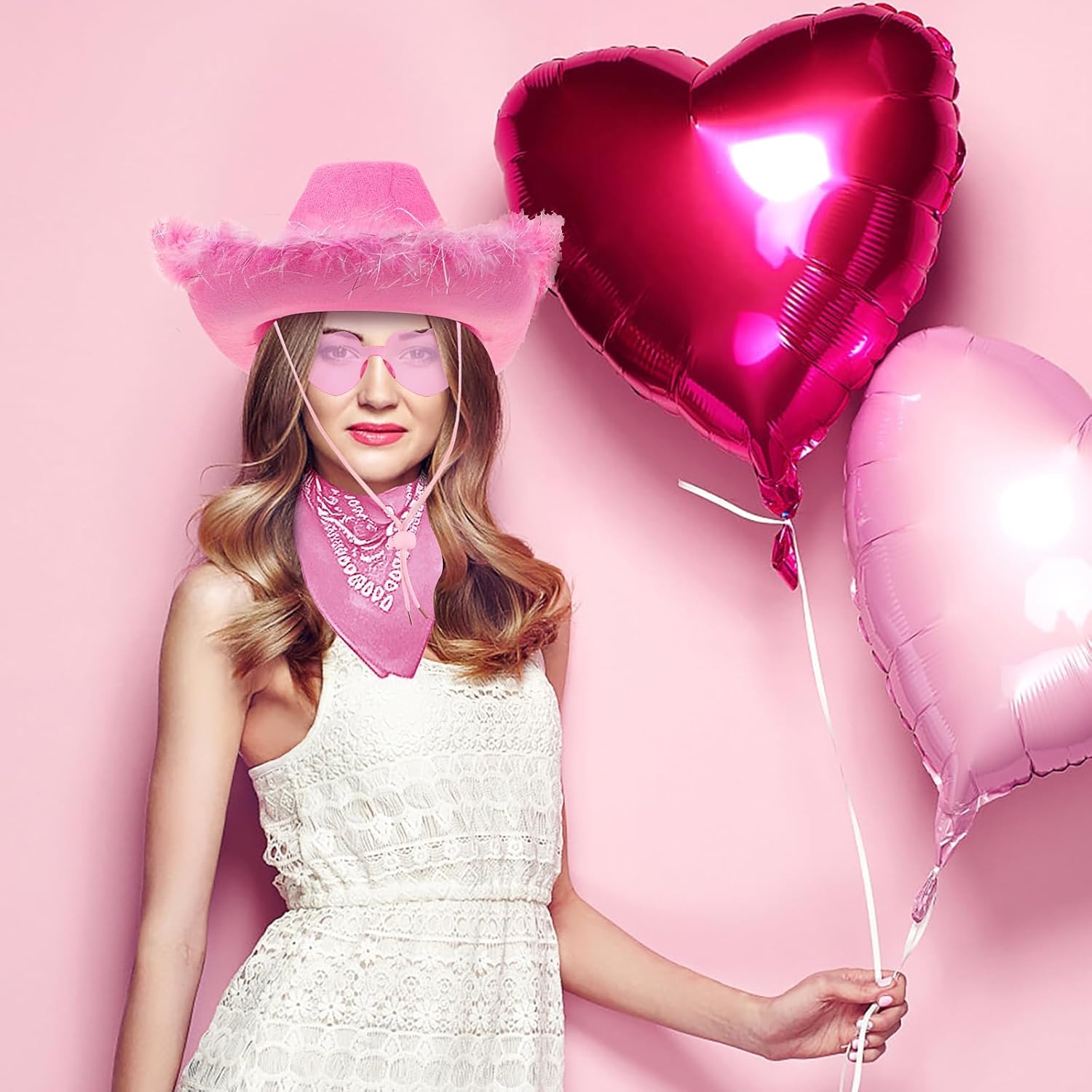 24 Pink Fluffy Feather Cowgirl Hats with Bandana & Heart Sunglasses