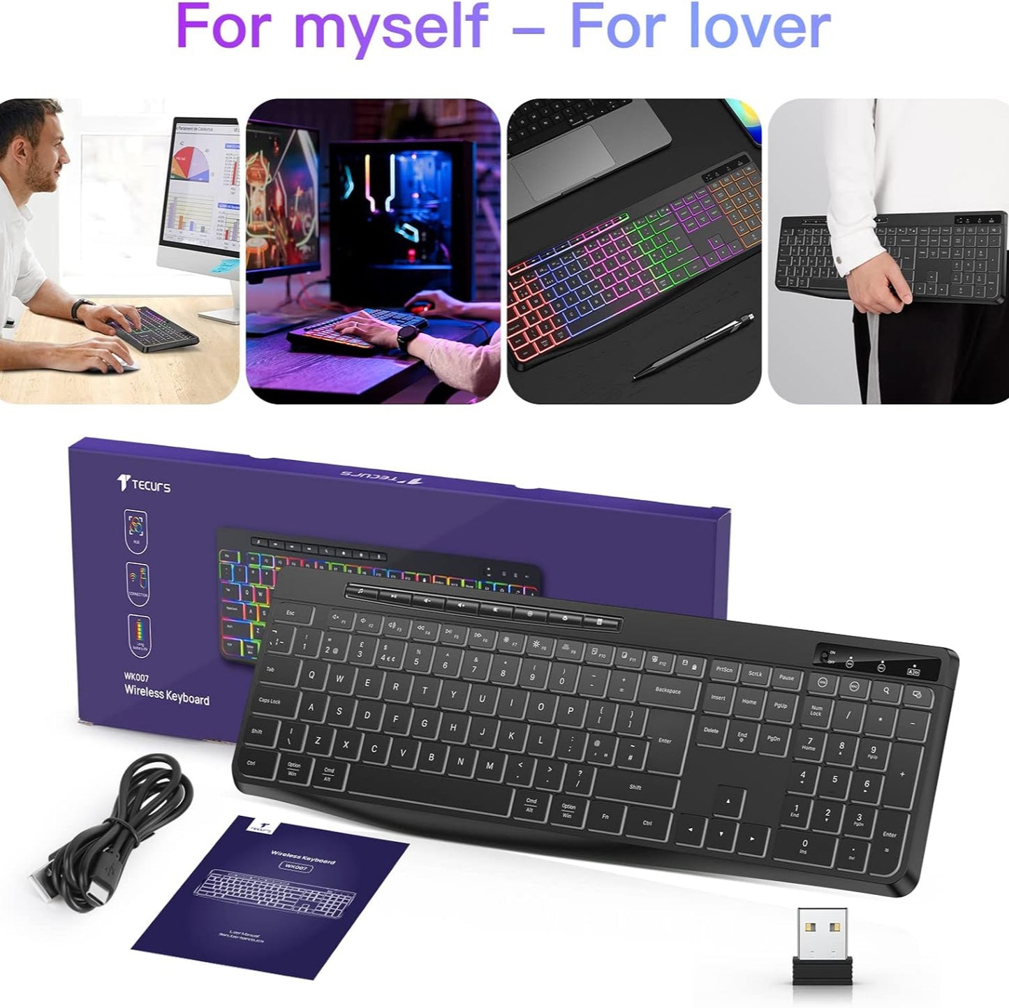 TECURS Silent Wireless Gaming Keyboard with USB‑C Rechargeable Backlit Keys