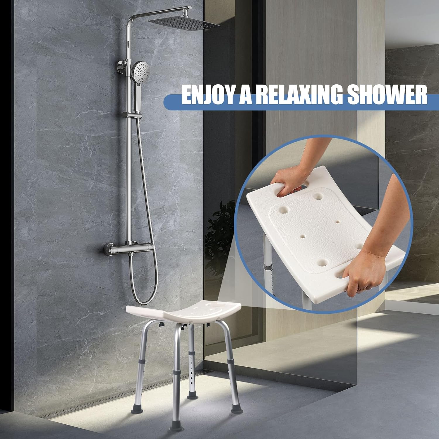 Ez2Care Adjustable Non-Slip Shower Chair with Suction Feet - 300lb Capacity