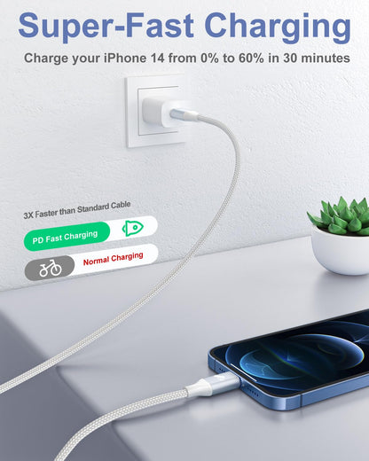 Aioneus USB-C to Lightning Cable 2M MFi Certified Nylon Braided iPhone Fast Charger Cord Compatible with iPhone 14 13 12 11 8 7 Pro Max Mini X XR Plus iPad