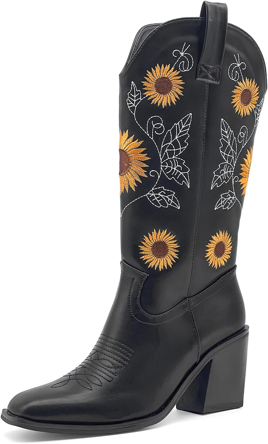 Women's Mid-Calf Western Cowboy Boots with Sunflower Embroidery Pointed Toe Chunky Heel