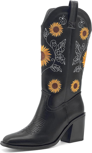 Women's Mid-Calf Western Cowboy Boots with Sunflower Embroidery Pointed Toe Chunky Heel