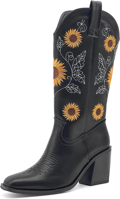 Women's Mid-Calf Western Cowboy Boots with Sunflower Embroidery Pointed Toe Chunky Heel