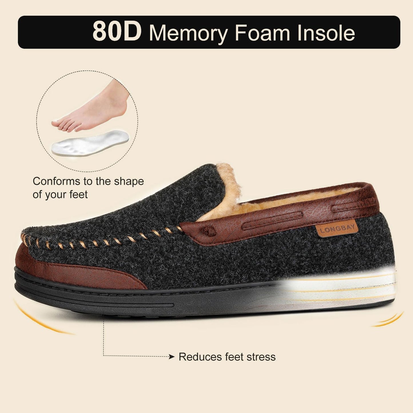 LongBay Men's Memory Foam Moccasin Slippers: Warm Indoor Outdoor Rubber Sole