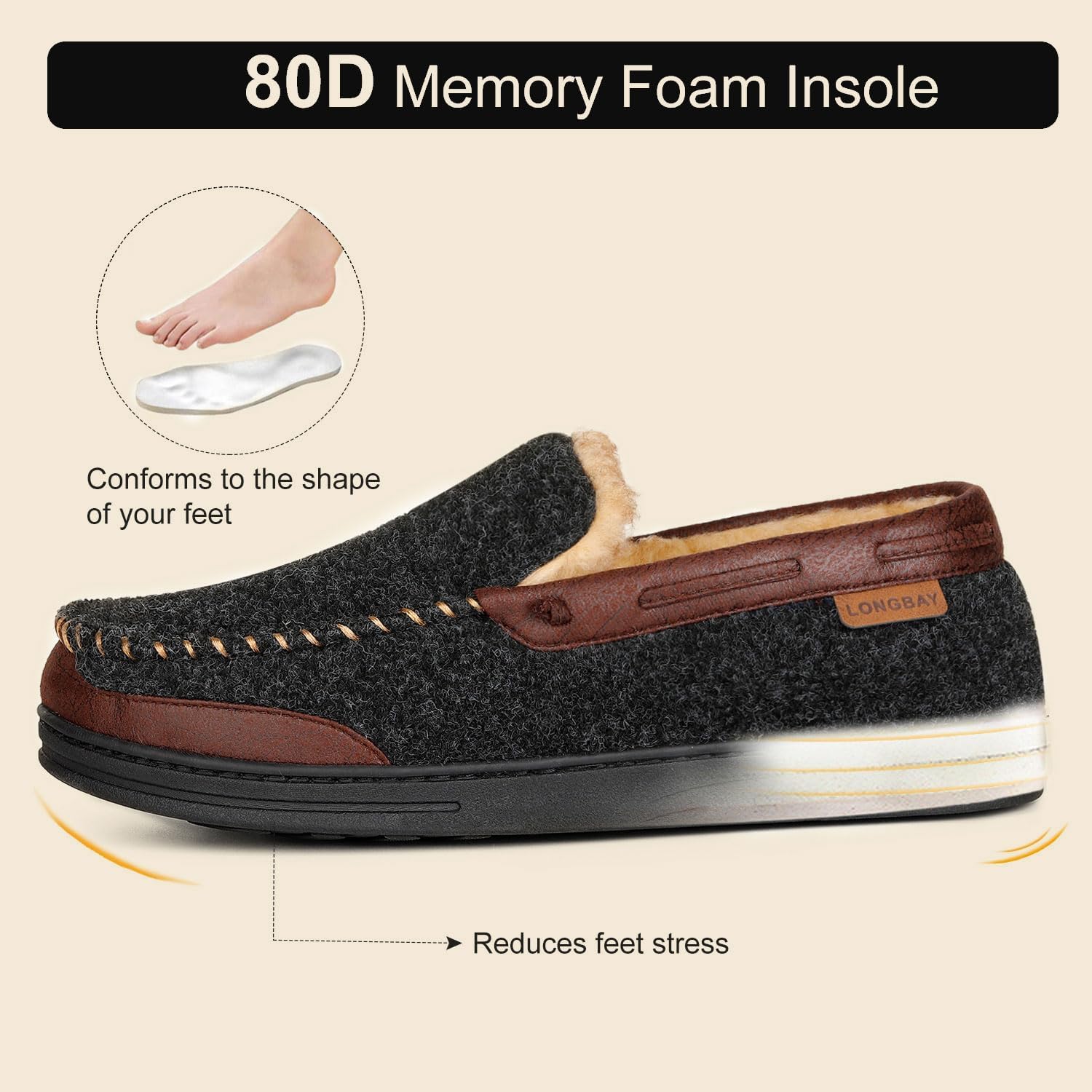 LongBay Men's Memory Foam Moccasin Slippers: Warm Indoor Outdoor Rubber Sole