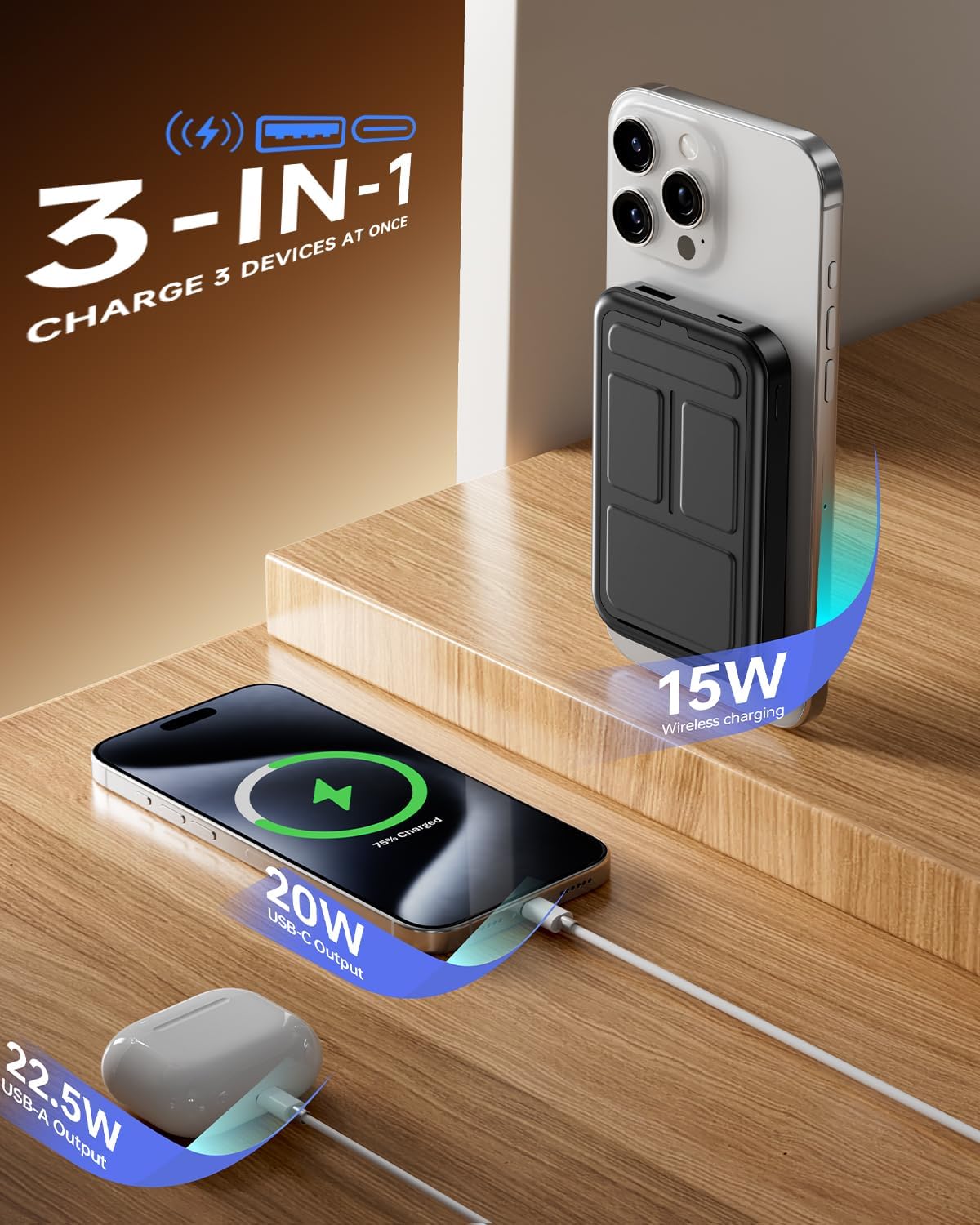 Gxorul W15 10000mAh Magnetic Wireless Power Bank for iPhone Black