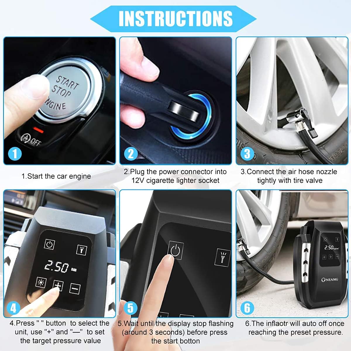OneAmg 12V Portable Car Air Compressor with Touchscreen 150 PSI