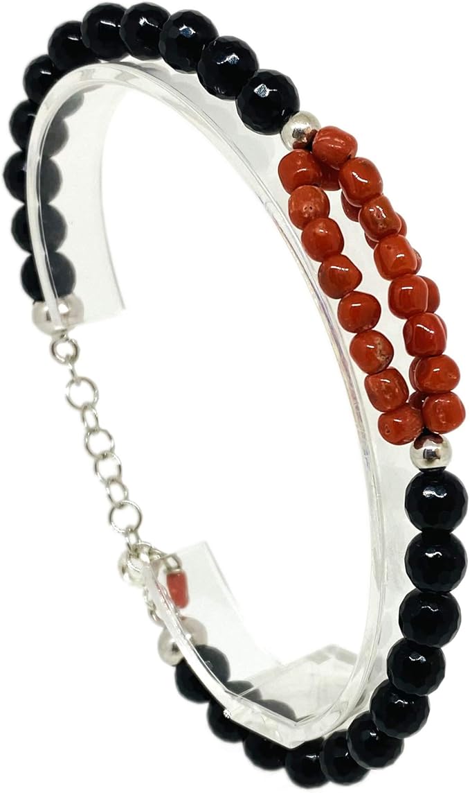 Handcrafted Mediterranean Red Coral Black Onyx Bracelet with Silver Closure