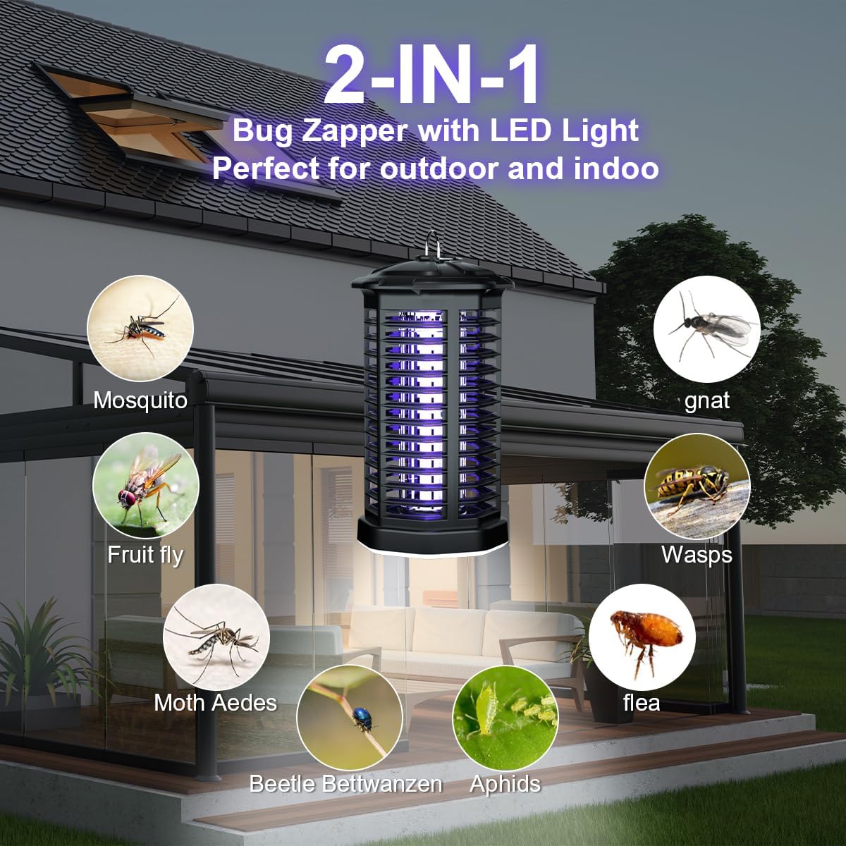 MPETAPT Electric Bug Zapper with LED Light 15W Metal Mesh Mosquito Fly Killer for Indoor Home Garden Patio Backyard