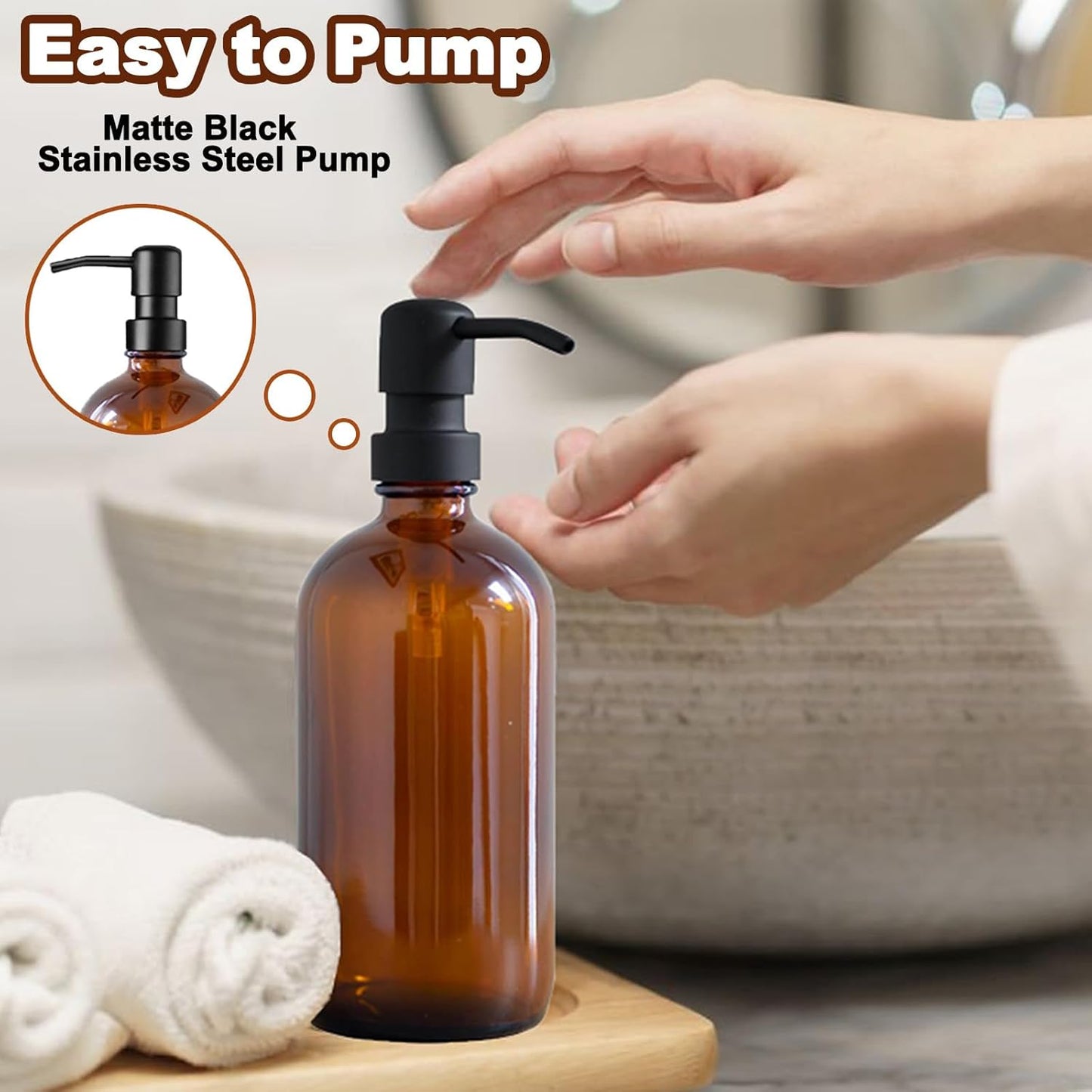 Amber Glass Soap Dispenser Set – 2 Pack 500ml Refillable