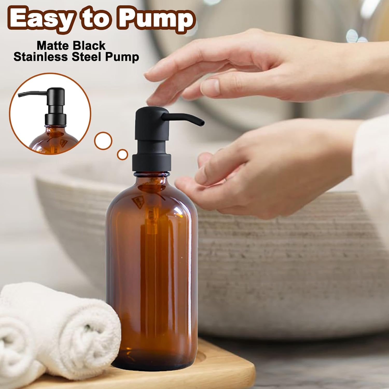 Amber Glass Soap Dispenser Set – 2 Pack 500ml Refillable
