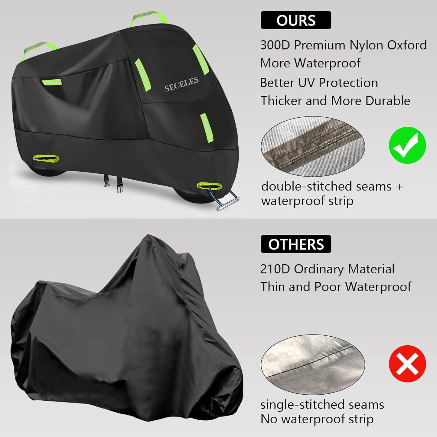 Seceles 300D Heavy Duty Waterproof Motorcycle Scooter Cover All-Season Protection