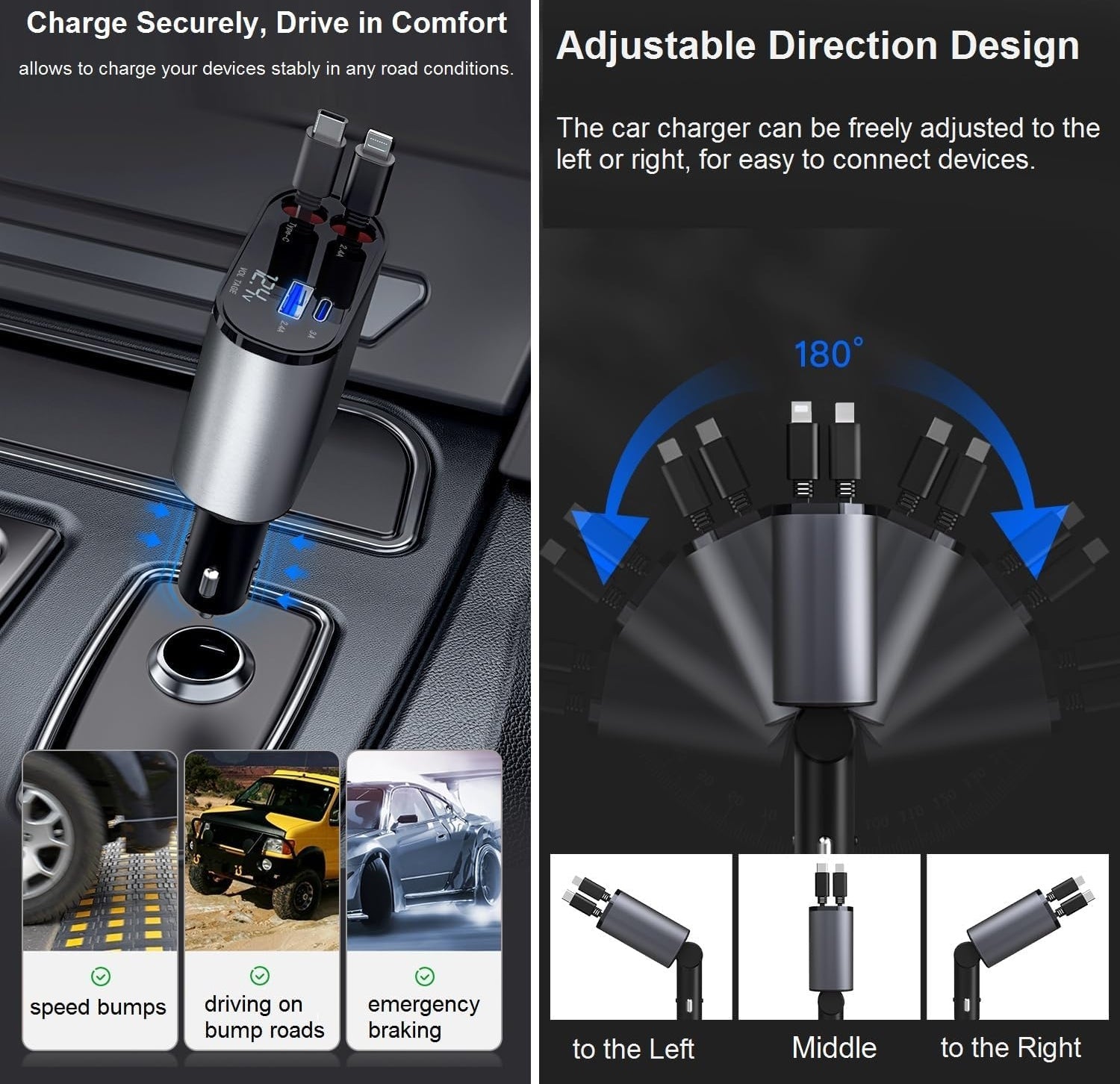 KAMISAFE PT-16 4-in-1 Retractable Car Charger 66W USB-C Lightning Cords Cigarette Lighter Adapter for iPhone 15 14 13 Samsung Galaxy S24 S23 Pixel Tablet