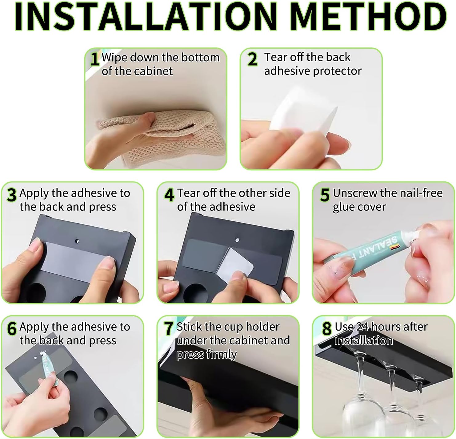 2 Pack Plastic Wine Glass Rack – Punch‑Free Under‑Cabinet (White)