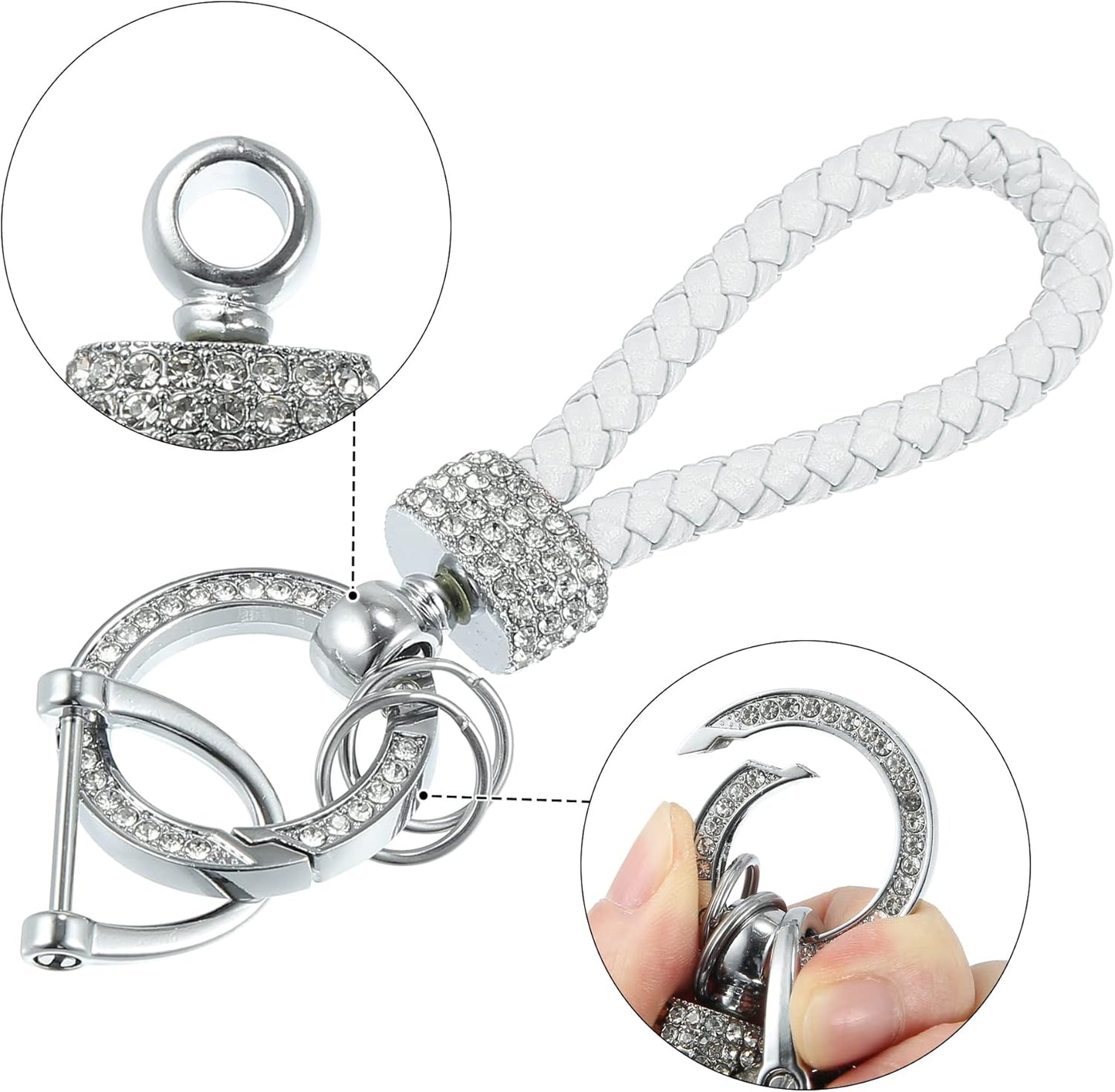 White PU Leather Car Keychain with Sparkling Strass