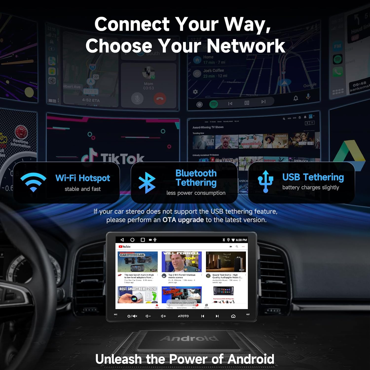 9‑Inch Android Double‑DIN Stereo with Wireless CarPlay, GPS, Backup Camera