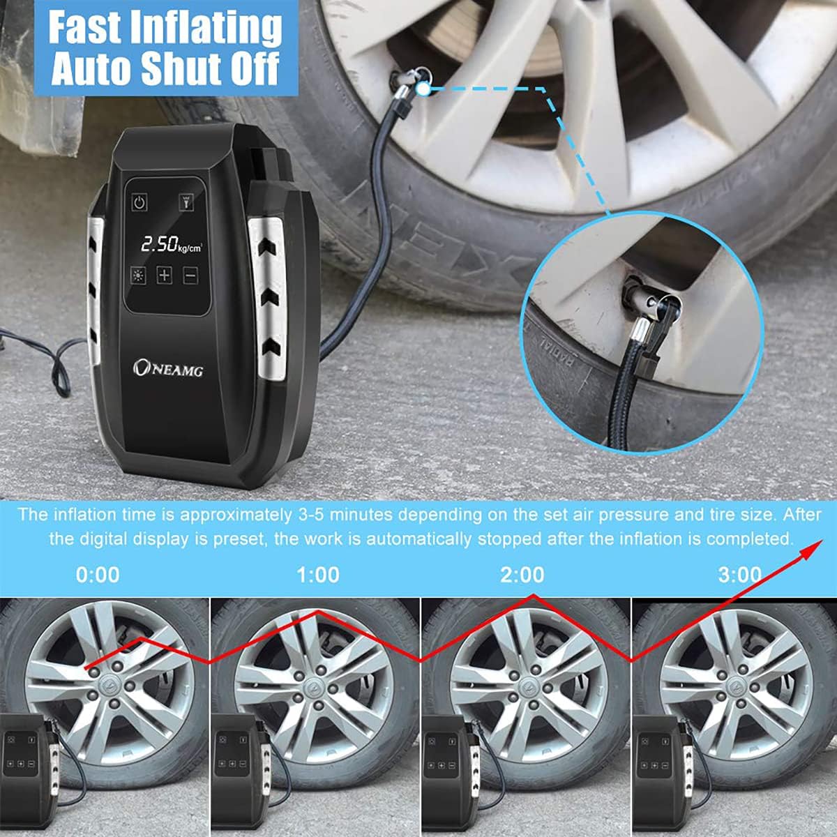 OneAmg 12V Portable Car Air Compressor with Touchscreen 150 PSI