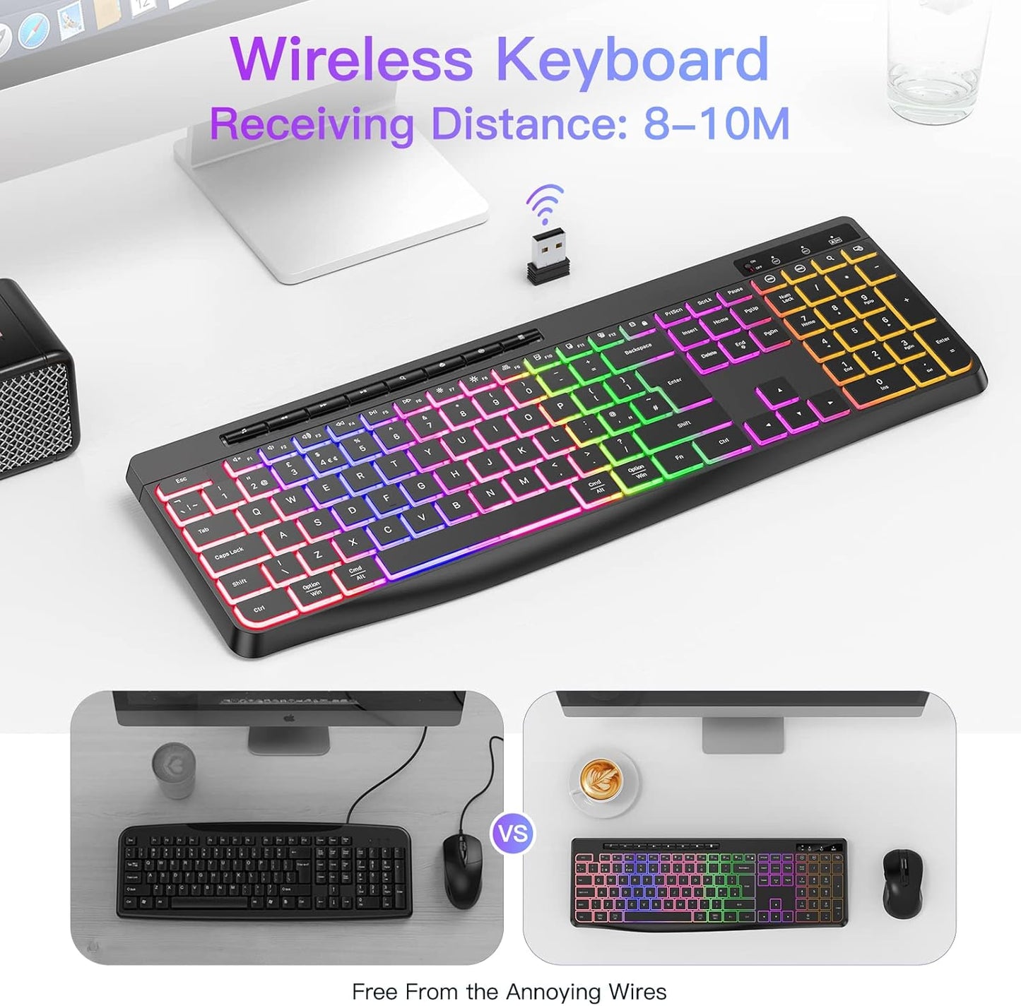 TECURS Silent Wireless Gaming Keyboard with USB‑C Rechargeable Backlit Keys