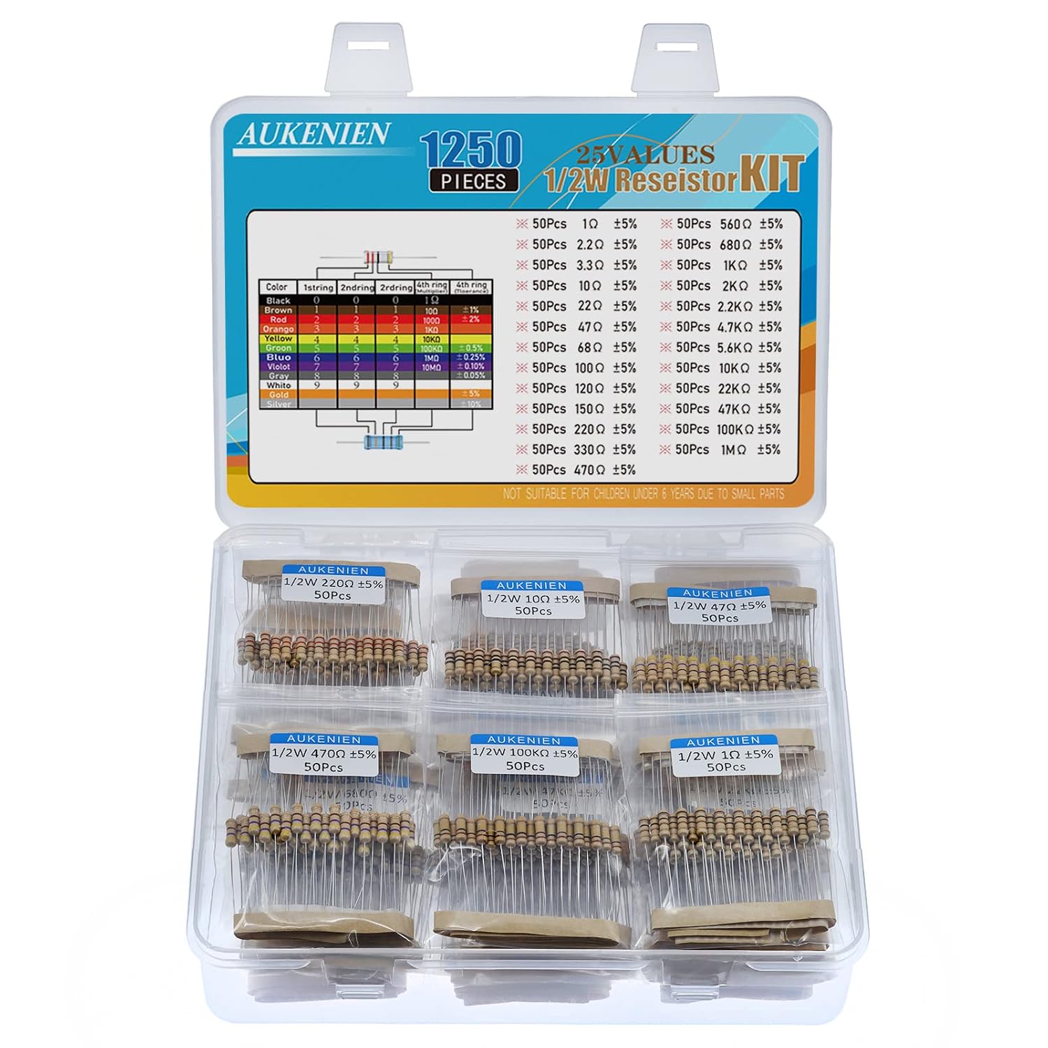 AUKENIEN Carbon Film Resistors Assortment 25 Values 1250 Pieces 1 Ohm to 1M Ohm 1/2W 5% Resistor Kit