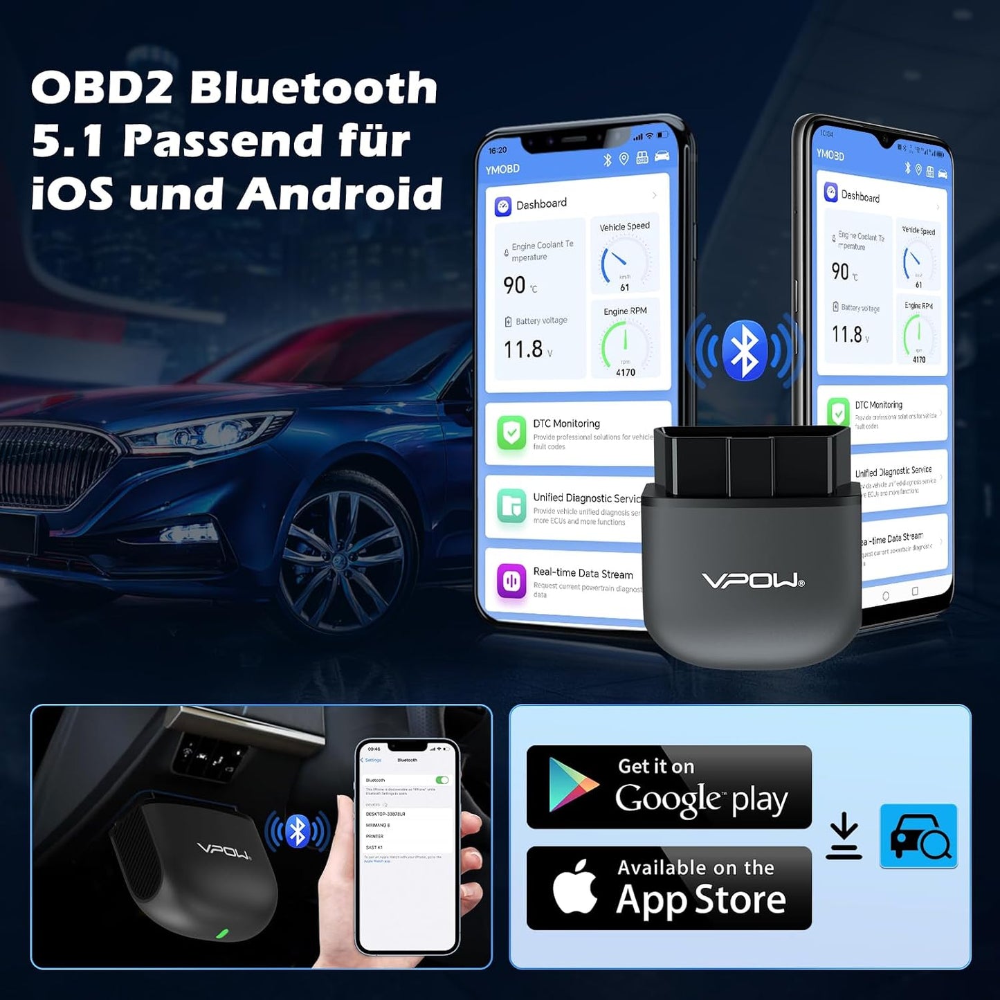 VPOW B65 OBD2 Bluetooth 5.1 Diagnostic Scanner Tool Adapter