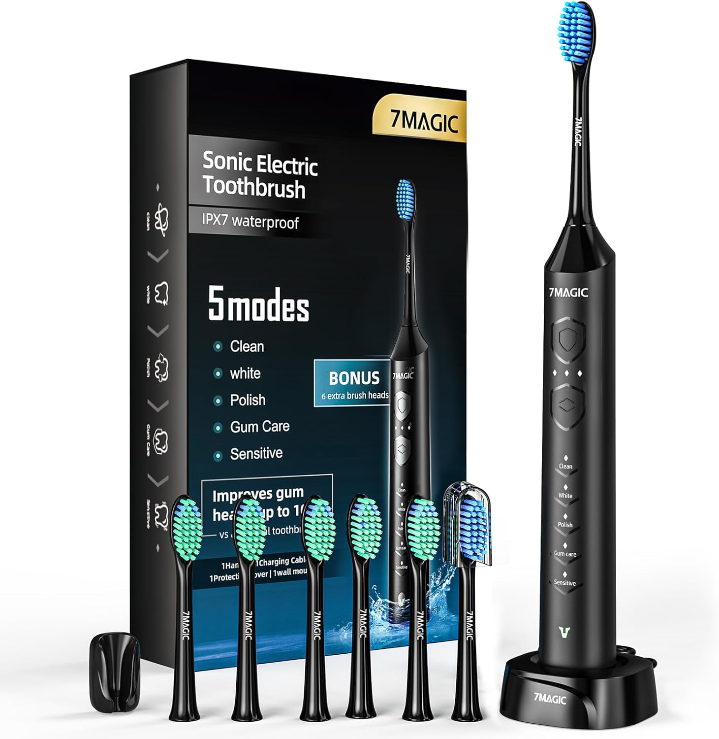 7MAGIC Knight Black Sonic Electric Toothbrush: 5 Modes, 90-Day Power, IPX7 Clean