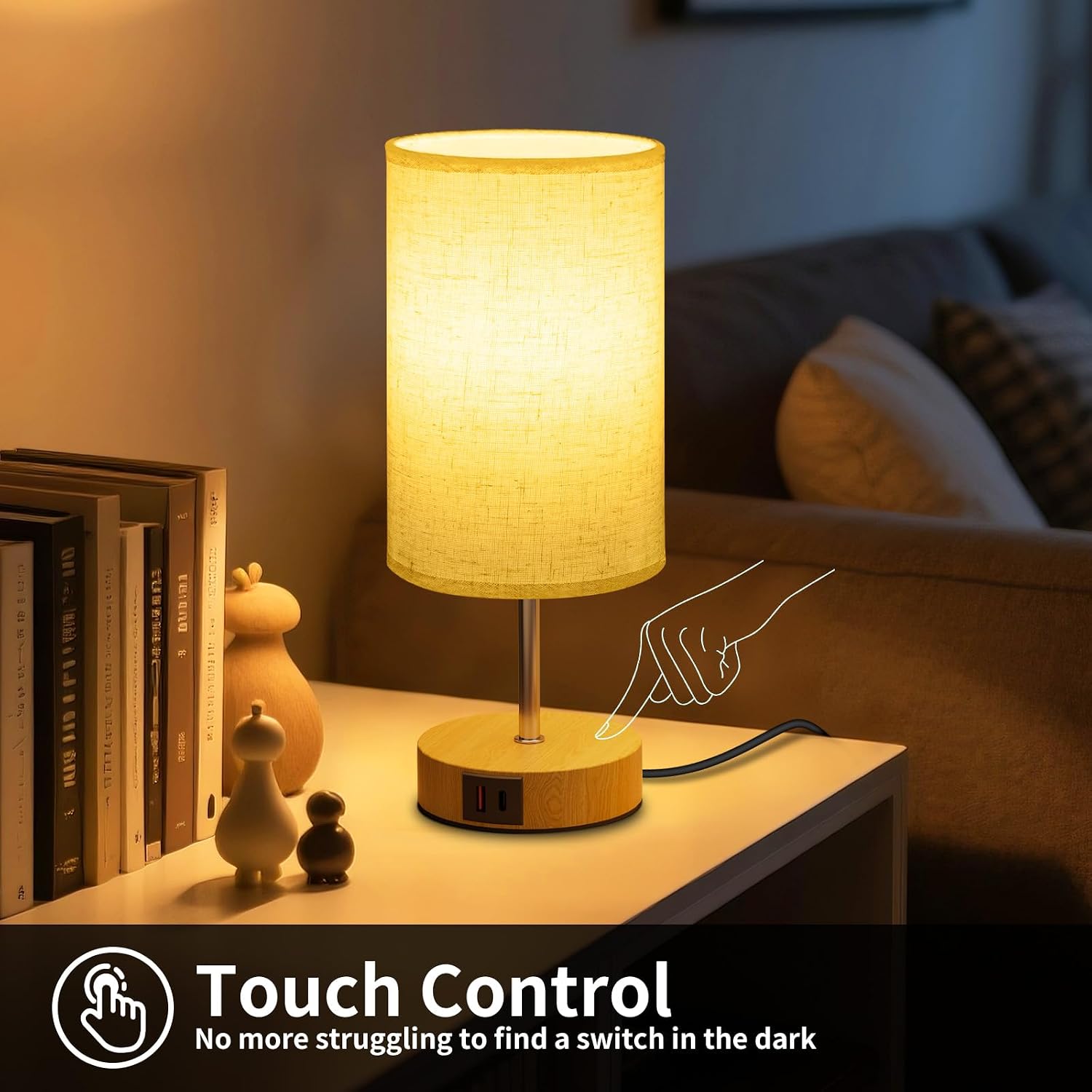 Suright Bedside Lamps Set of 2 with USB A+C Charging Ports 3-Way Dimmable Touch Control Table Lamp with Linen Fabric Shade LED Bulb Included