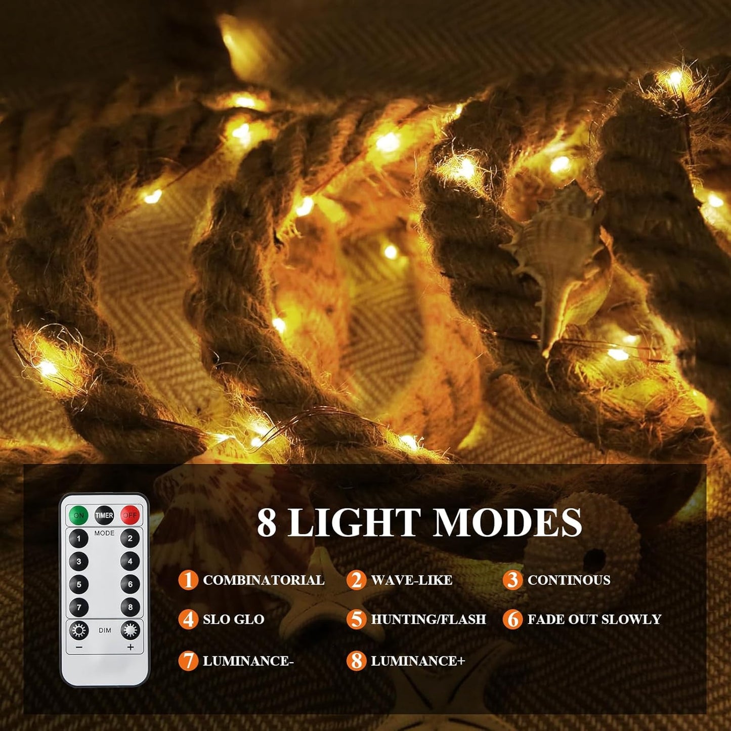 Litinliv 3m LED Hemp Rope Fairy Lights, 60 LEDs Remote