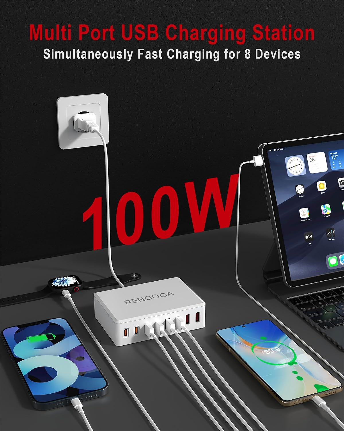 RENGOGA 100W 8-Port USB C Charger Station 4 USB-C 4 USB-A PD3.0 White